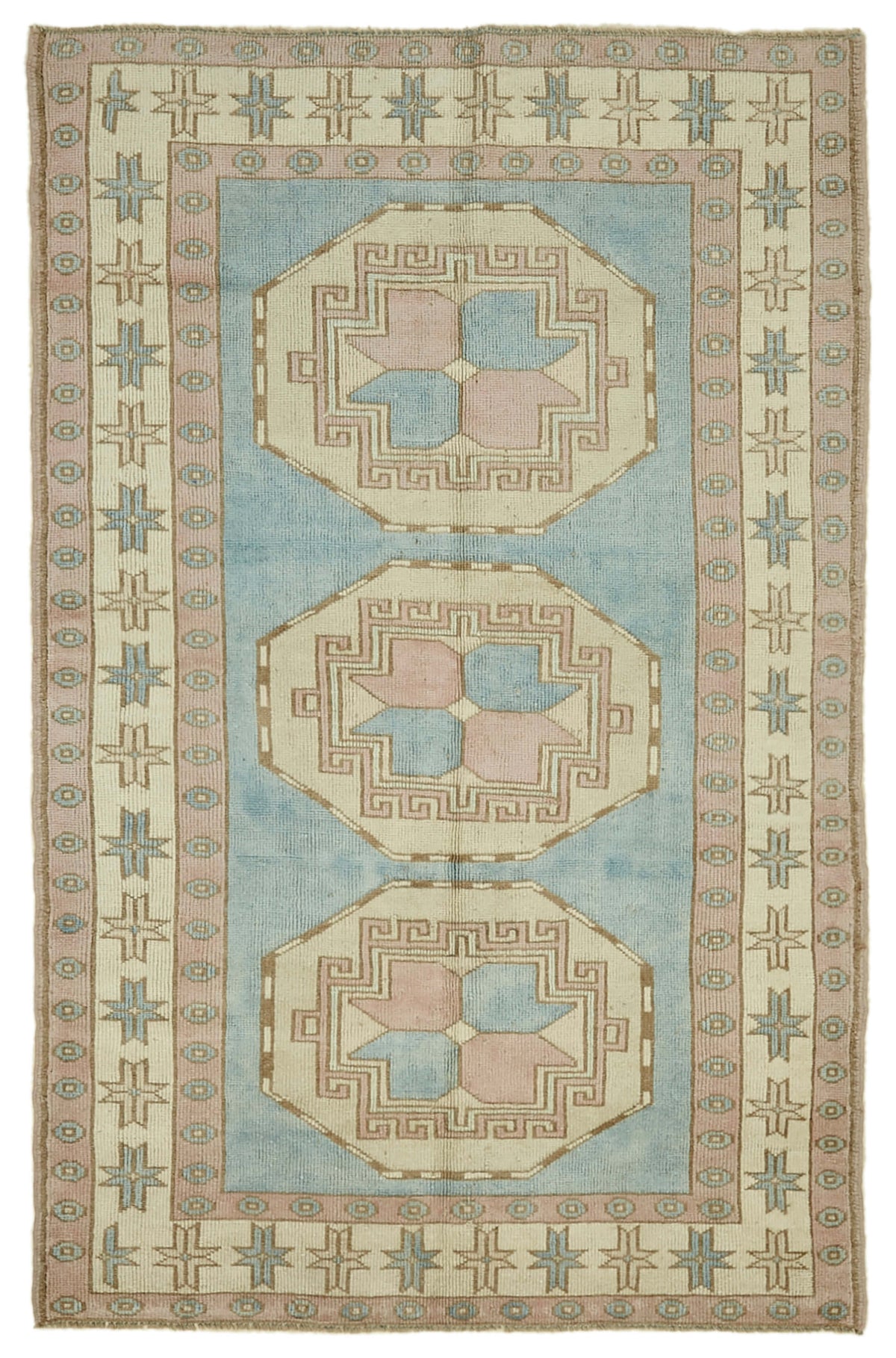 Kavale Madalyon Desenli Mavi ve Toz Pembe El Dokuma Halı 148x228 cm