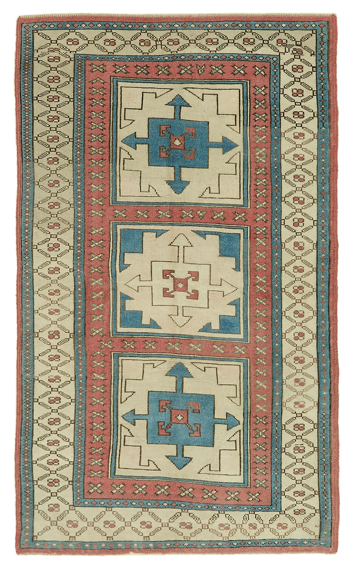 Gekro Bej Mavi Halı Geometrik Madalyon Desenli Vintage 125x208 cm