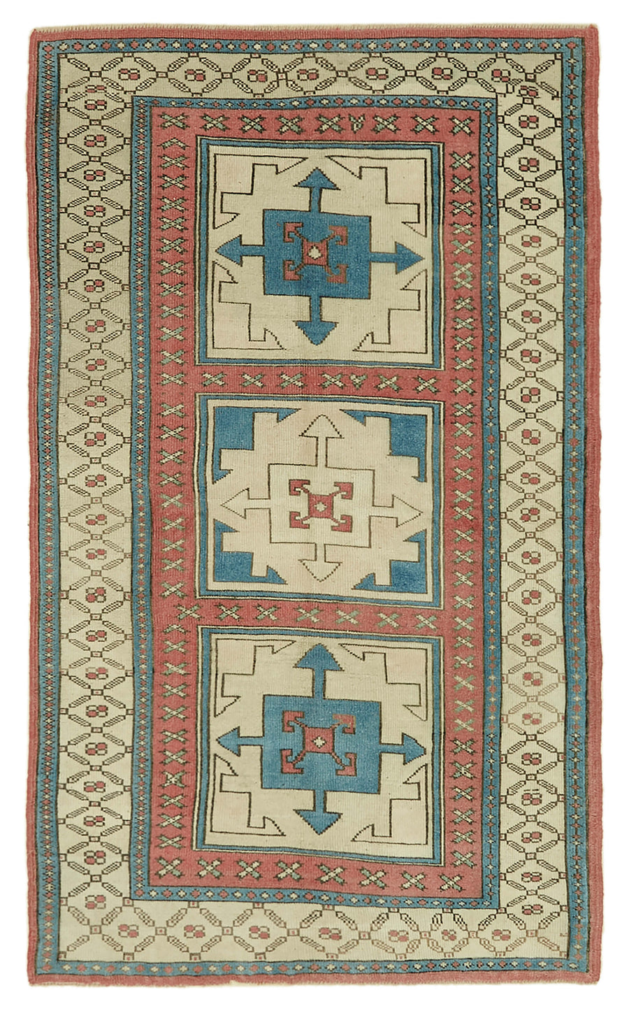 Gekro Bej Mavi Halı Geometrik Madalyon Desenli Vintage 125x208 cm
