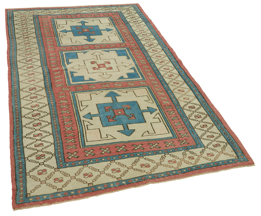 Gekro Bej Mavi Halı Geometrik Madalyon Desenli Vintage 125x208 cm – genel görünüm