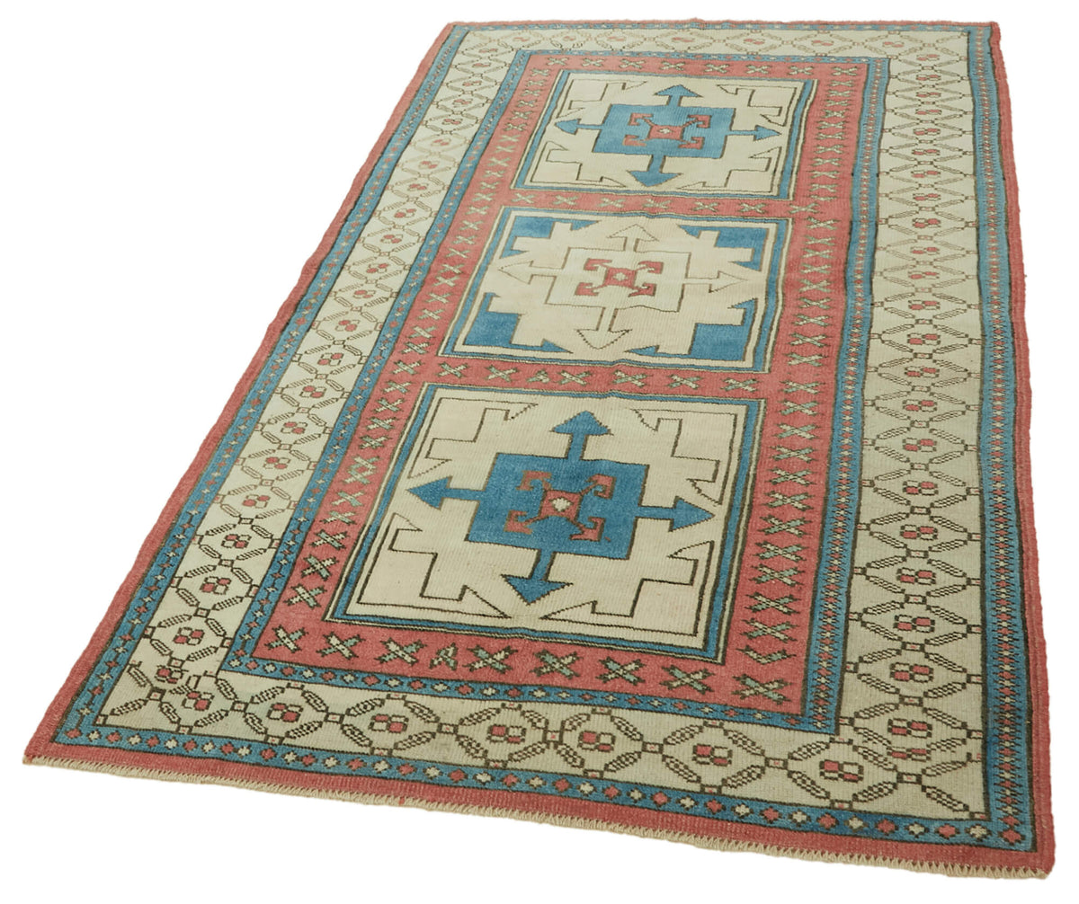 Gekro Bej Mavi Halı Geometrik Madalyon Desenli Vintage 125x208 cm – doku yakın çekim