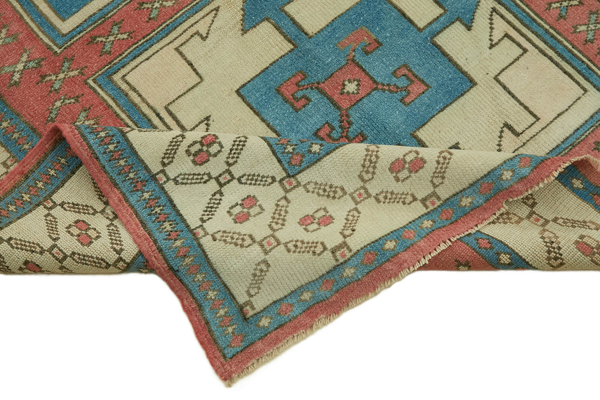 Gekro Bej Mavi Halı Geometrik Madalyon Desenli Vintage 125x208 cm – kenar detayı
