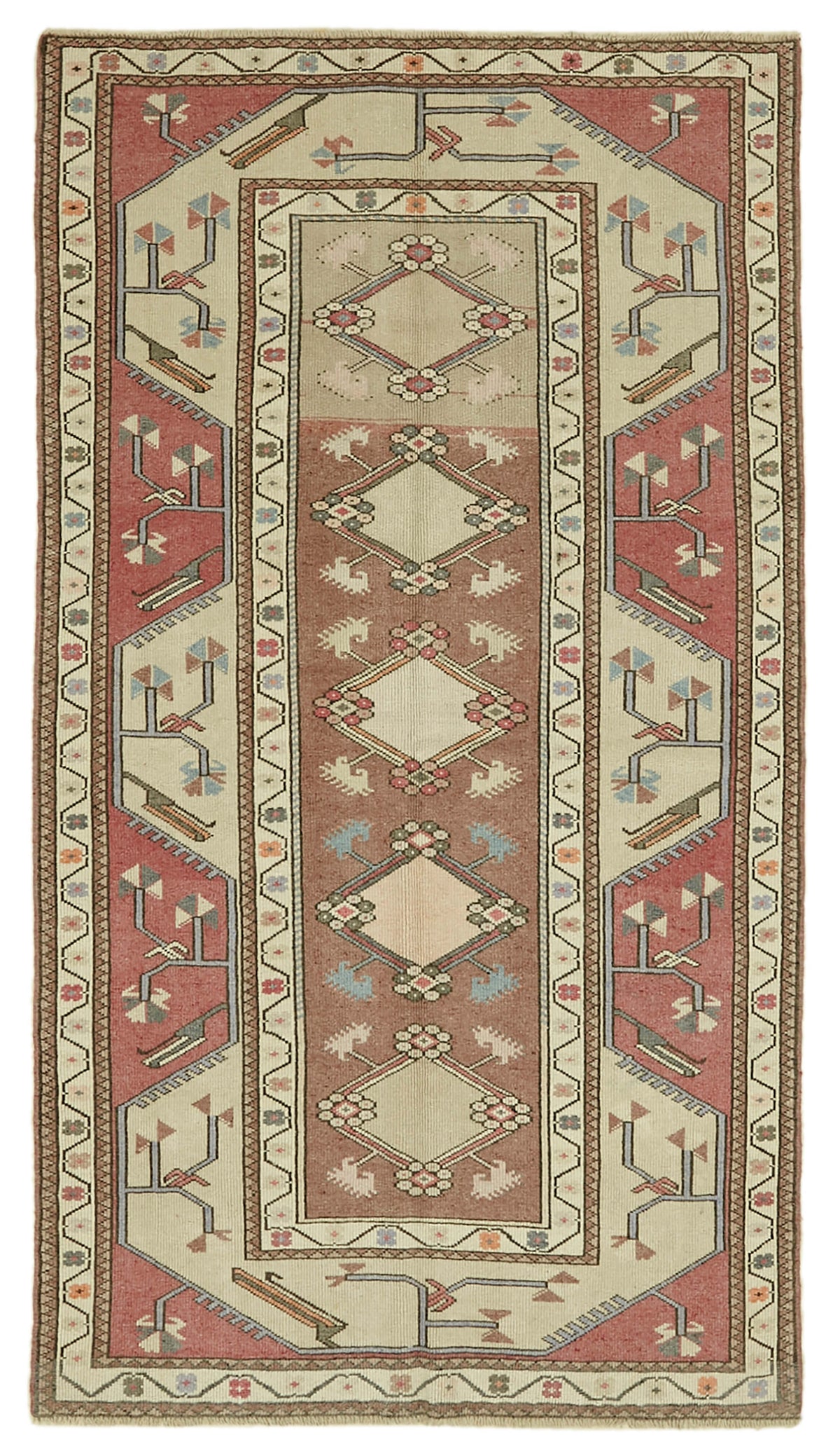 Gekro Geometrik Desenli Bej ve Kırmızı Etnik Halı 127x225 cm