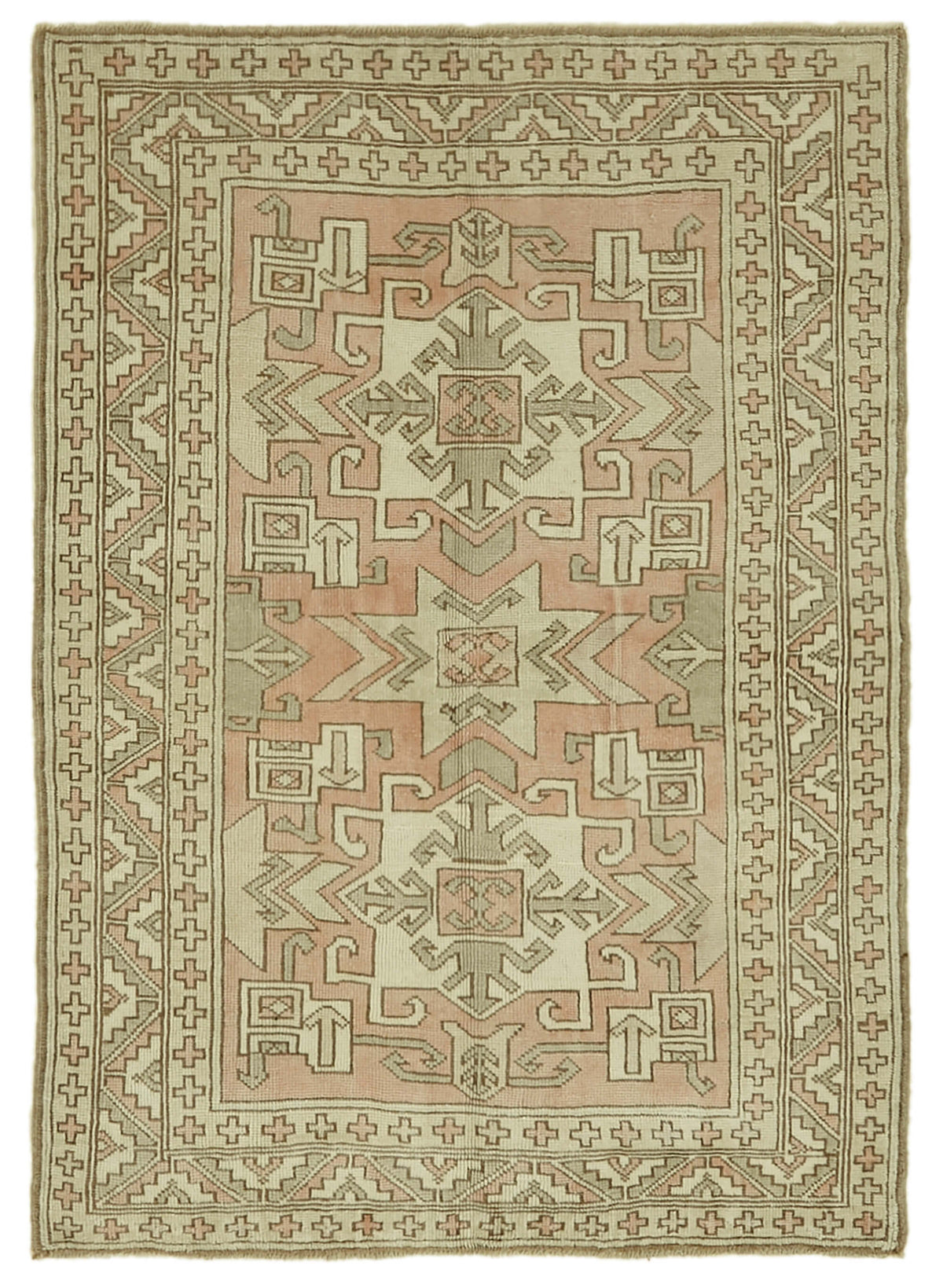 Gekro Madalyon Desenli Vintage Bej Pembe Düz Dokuma Halı 129x177 cm