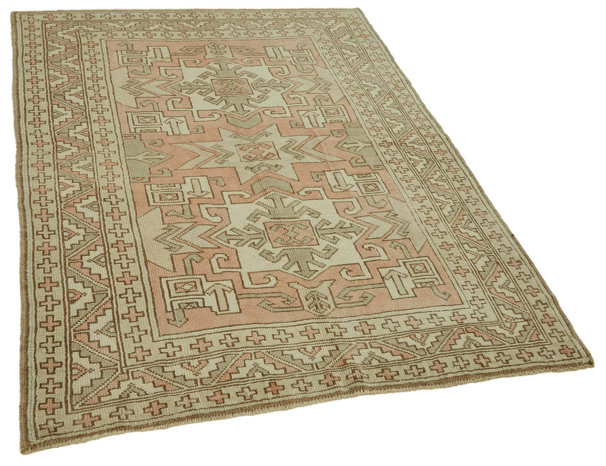 Gekro Madalyon Desenli Vintage Bej Pembe Düz Dokuma Halı 129x177 cm – genel görünüm