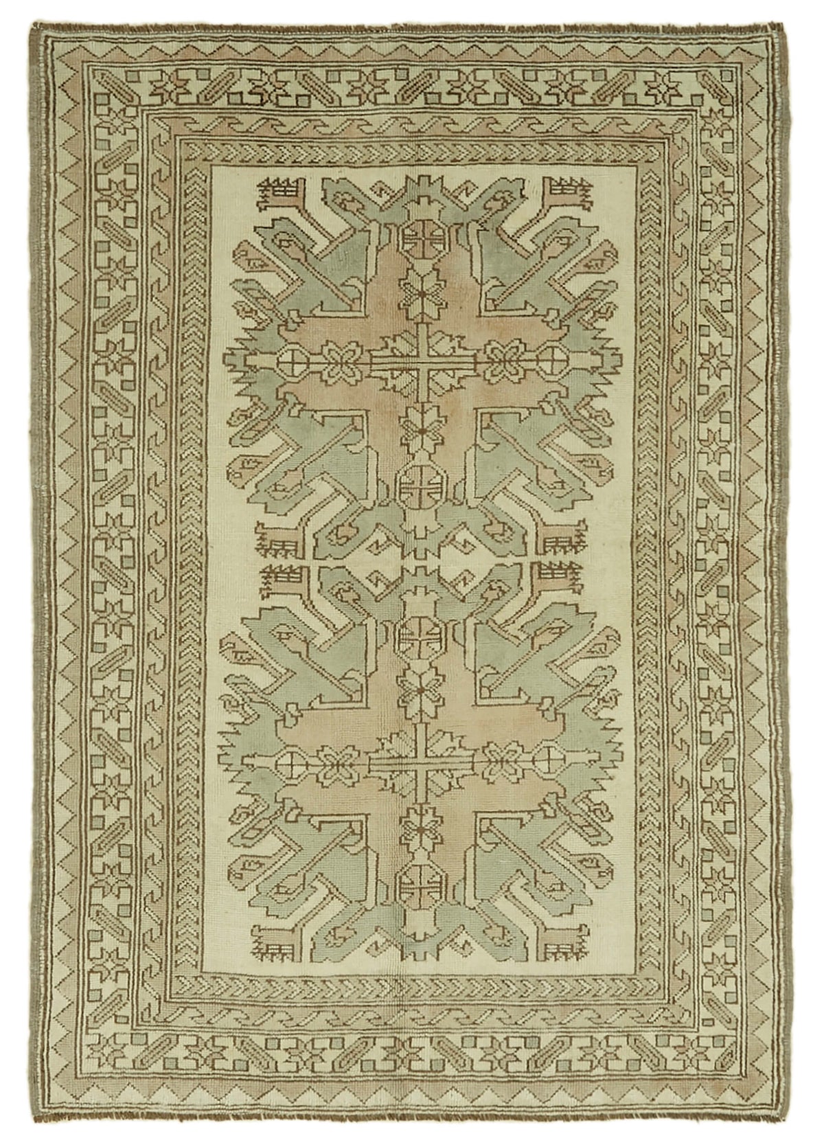 Gekro El Dokuma Bej Yeşil Geometrik Etnik Halı 135x188 cm 46750