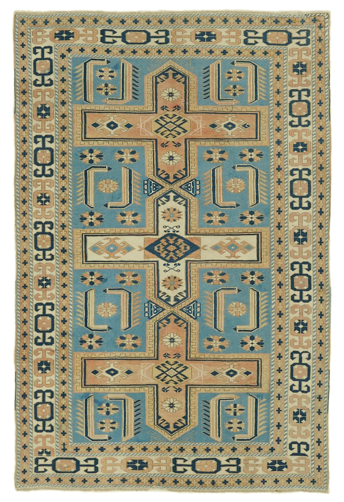 Gekro Mavi Bej Madalyon Desenli Anadolu El Dokuma Halı 123x189 cm
