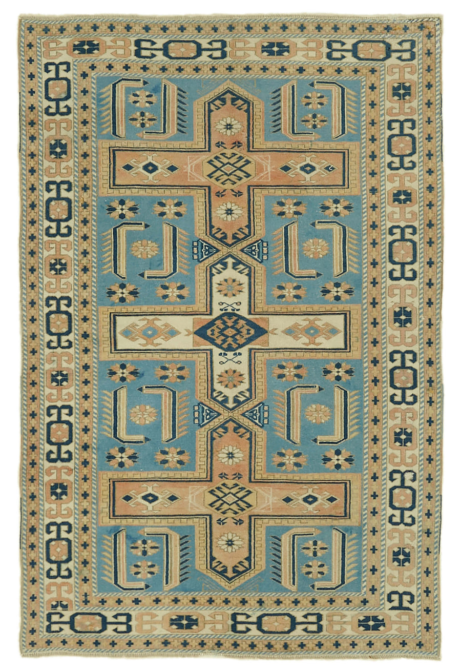 Gekro Blue Beige Medallion Pattern Anatolian Hand-Woven Rug 123x189 cm