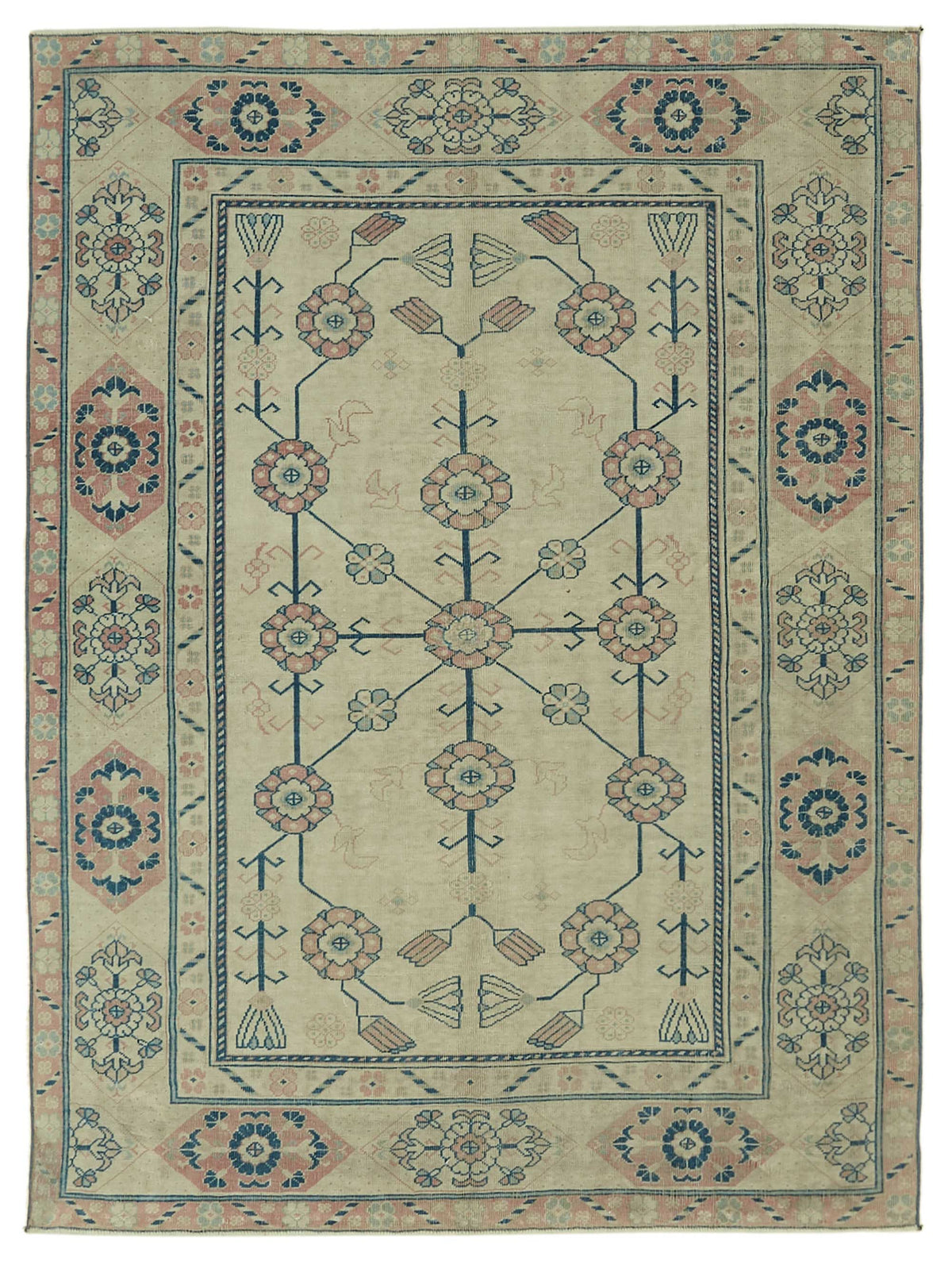 Kavale Çiçek Desenli Bej ve Pembe El Dokuma Vintage Halı 172x236 cm