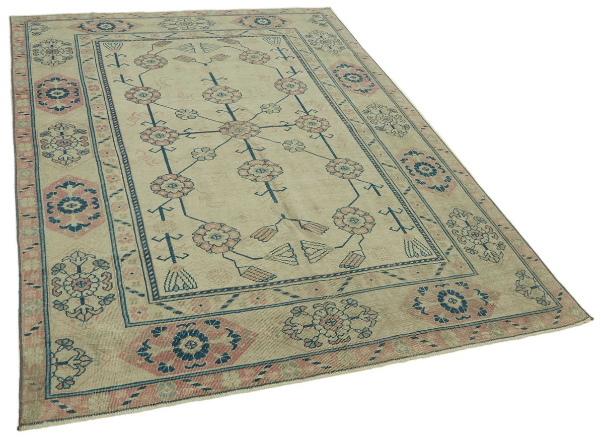 Kavale Çiçek Desenli Bej ve Pembe El Dokuma Vintage Halı 172x236 cm – genel görünüm