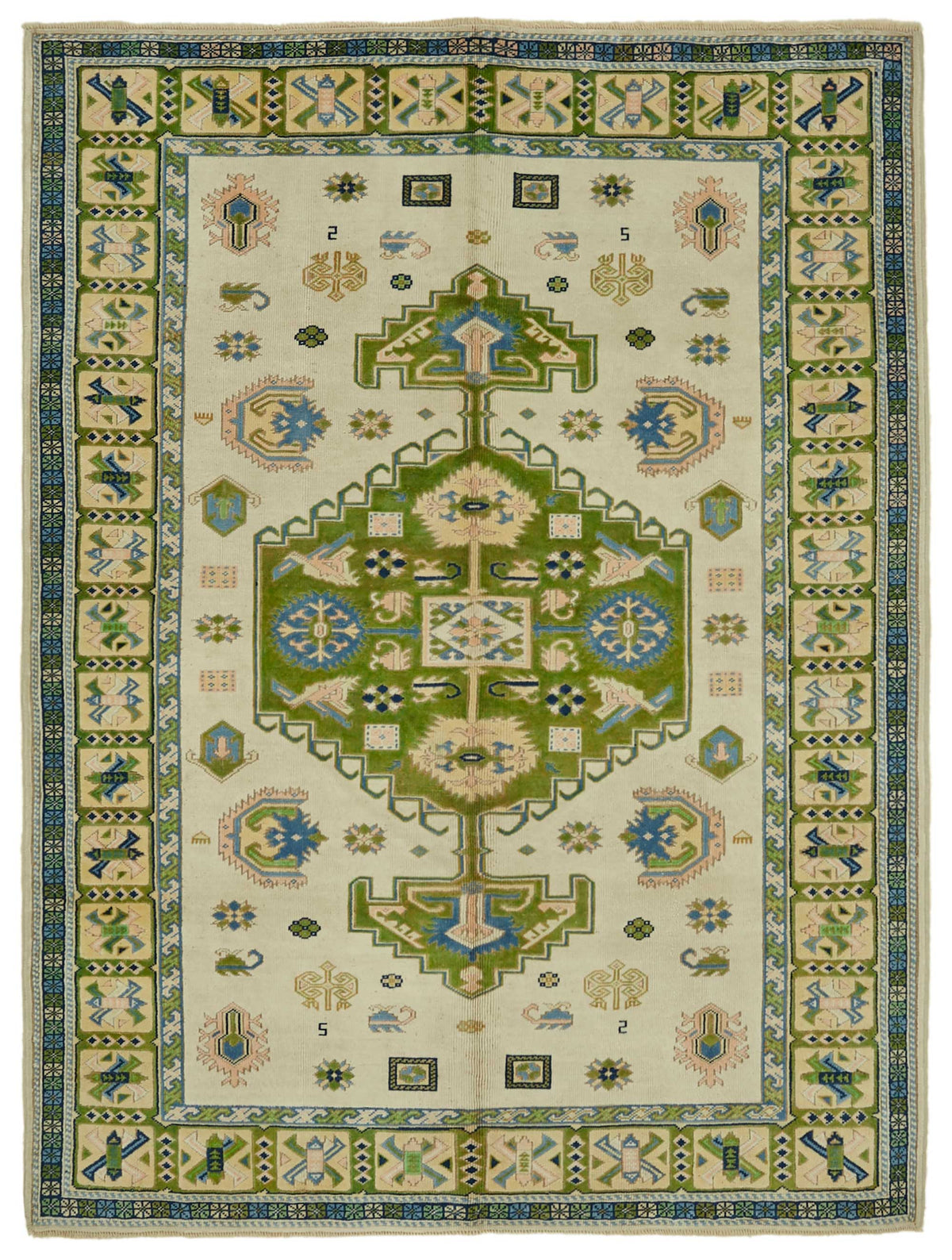 Kavale Krem Yeşil Etnik Geometrik El Dokuma Halı 209x281 cm