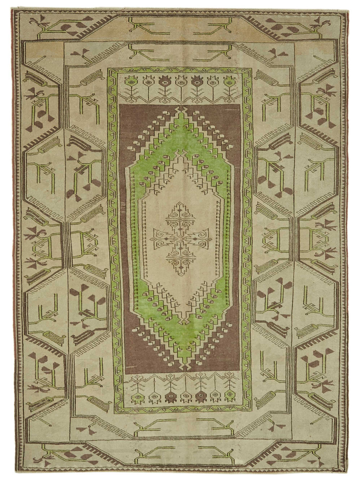 Kavale Bej Yeşil Geometrik Desenli Yün Pamuk El Dokuma Halı 163x220 cm