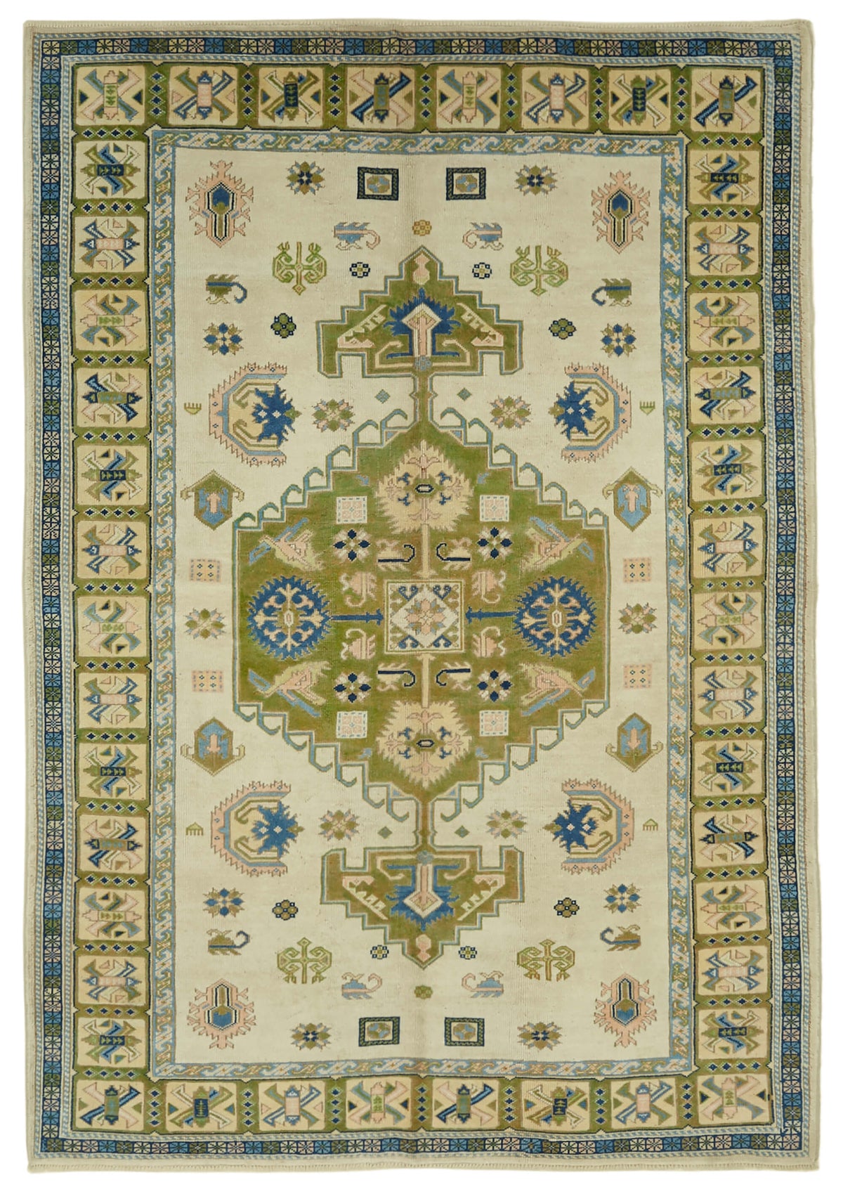 Kavale Düz Yeşil Halı Vintage El Dokuma Geometrik Desenli 202x293 cm
