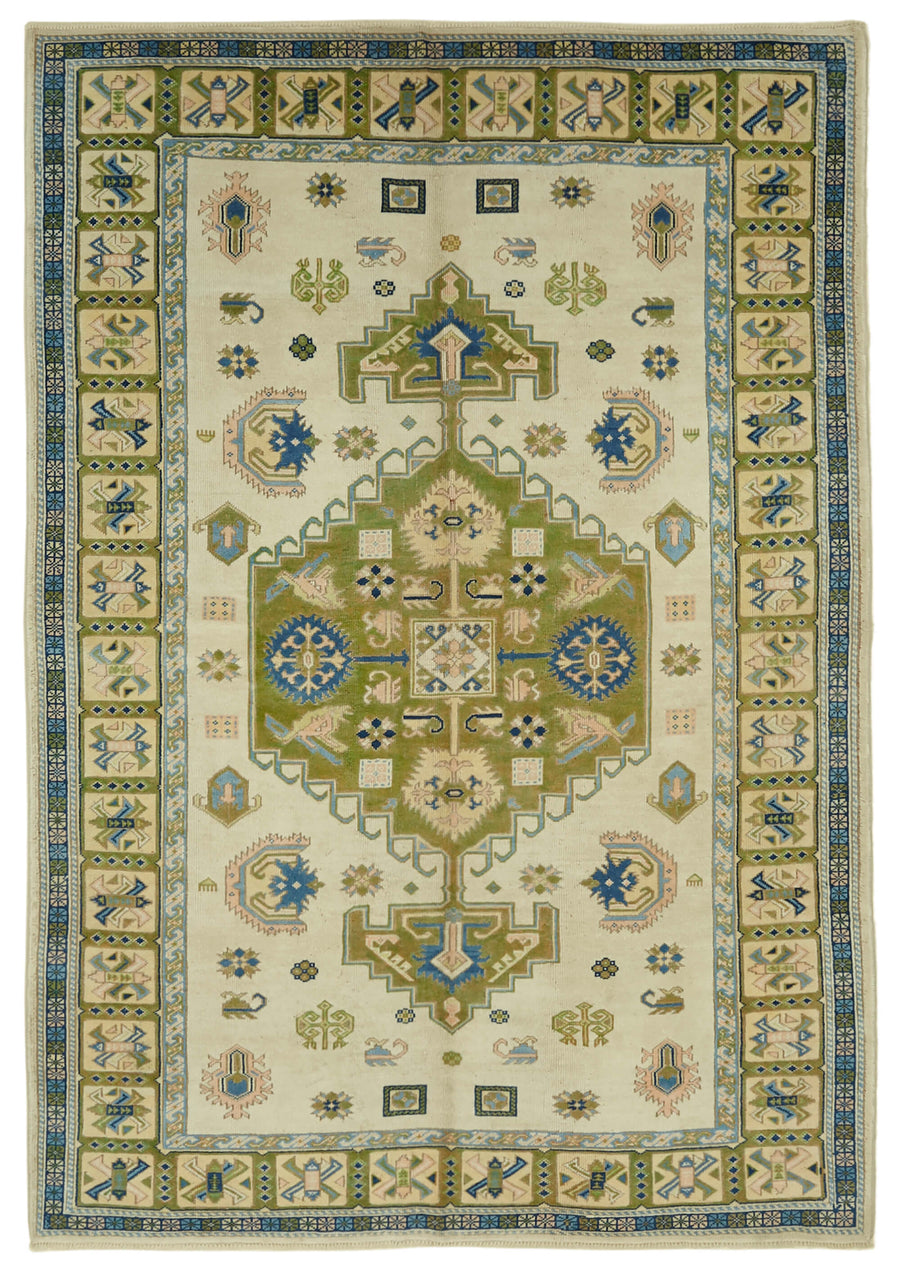 Kavale Düz Yeşil Halı Vintage El Dokuma Geometrik Desenli 202x293 cm