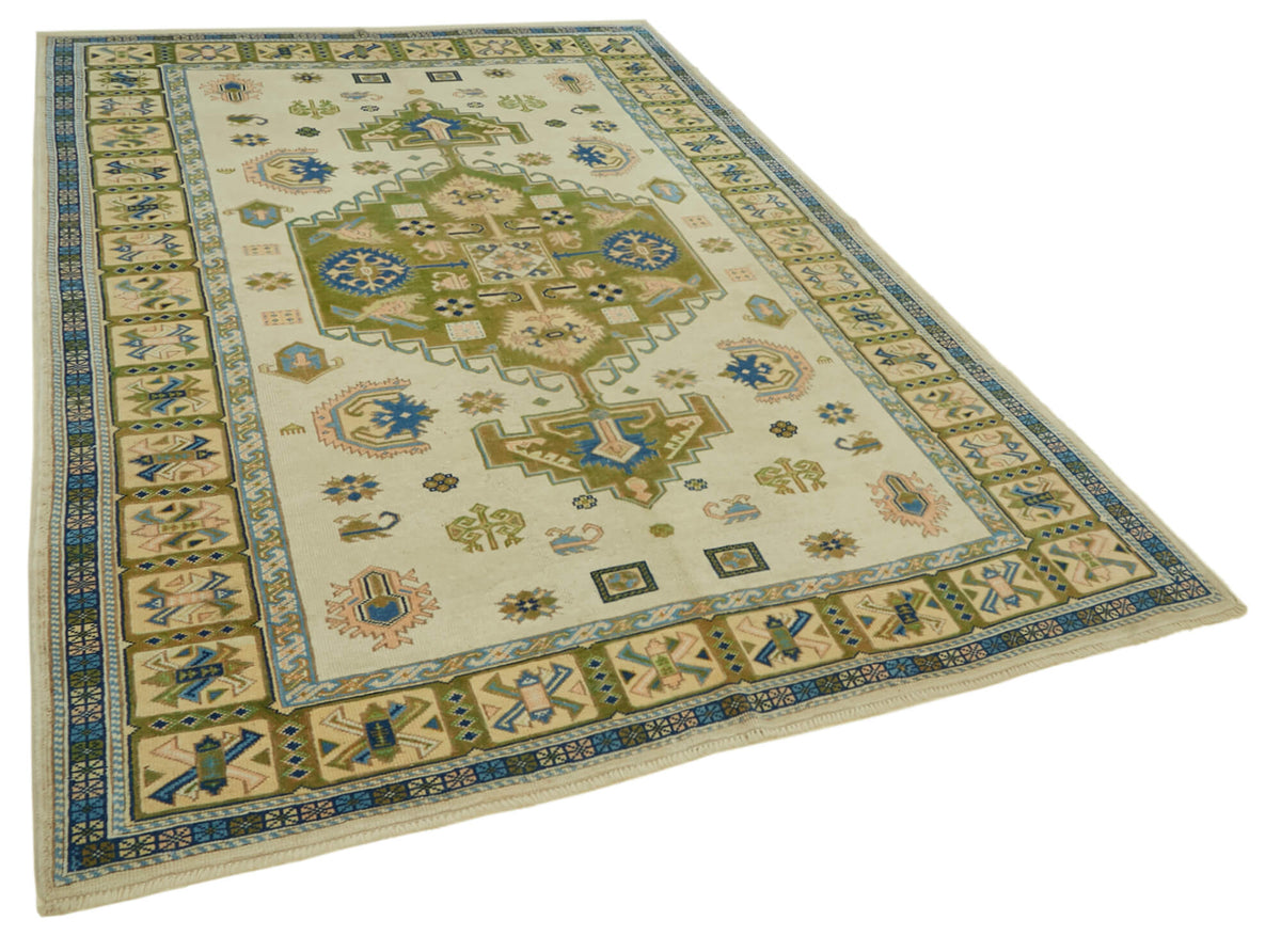 Kavale Düz Yeşil Halı Vintage El Dokuma Geometrik Desenli 202x293 cm – genel görünüm