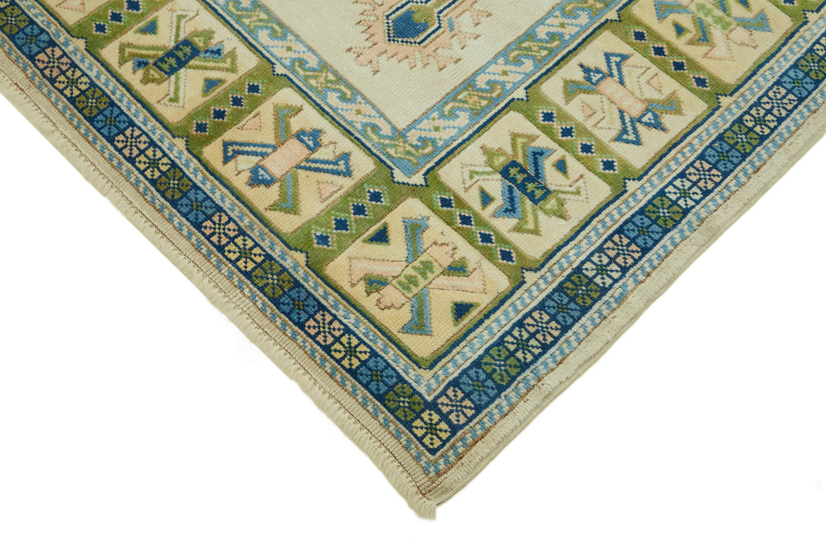 Kavale Düz Yeşil Halı Vintage El Dokuma Geometrik Desenli 202x293 cm – detay görünümü