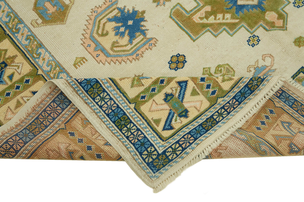 Kavale Düz Yeşil Halı Vintage El Dokuma Geometrik Desenli 202x293 cm – kenar detayı