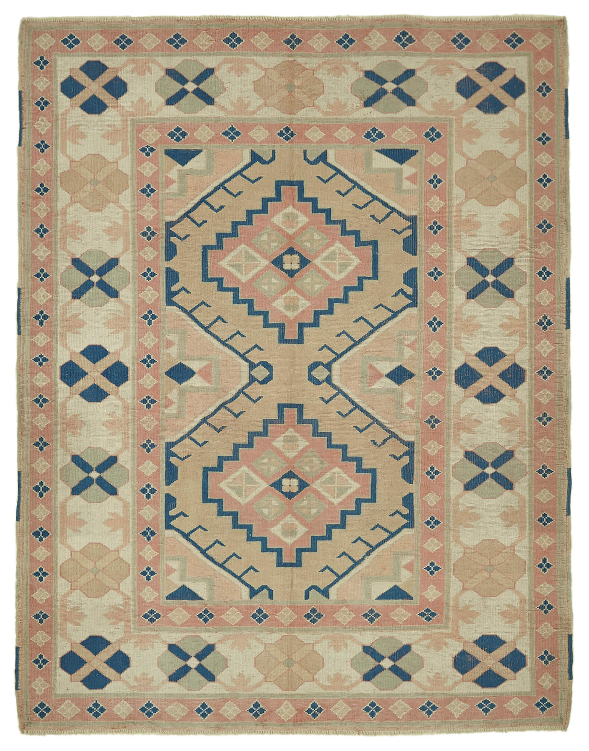 Kavale Bej Lacivert Madalyon Desenli Yün El Dokuma Halı 196x250 cm