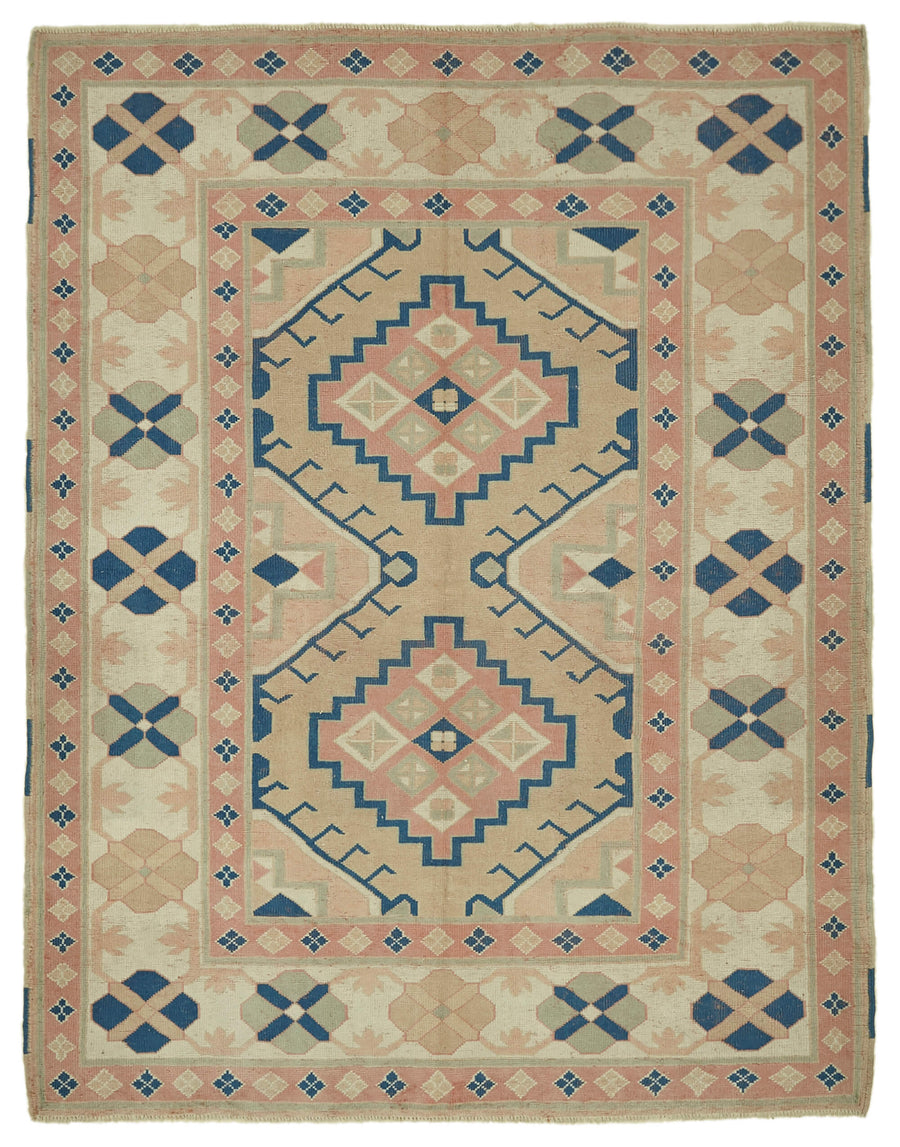 Kavale Bej Lacivert Madalyon Desenli Yün El Dokuma Halı 196x250 cm