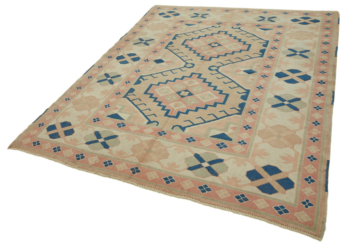 Kavale Bej Lacivert Madalyon Desenli Yün El Dokuma Halı 196x250 cm – doku yakın çekim