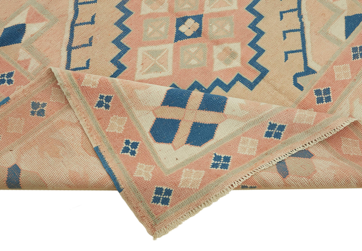 Kavale Bej Lacivert Madalyon Desenli Yün El Dokuma Halı 196x250 cm – kenar detayı