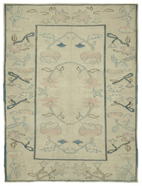 Kavale Krem Mavi Çiçek Desenli Modern Pamuk Yün El Dokuma Halı 169x231 cm
