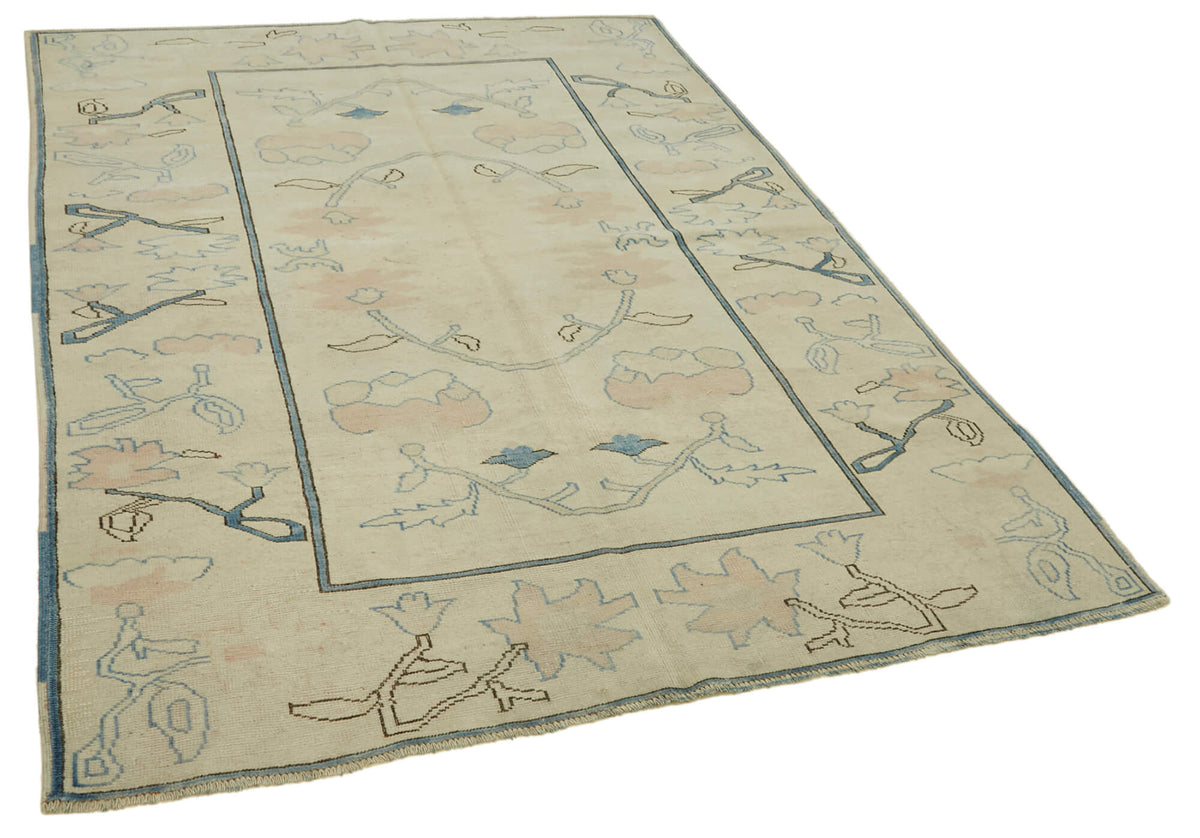 Kavale Krem Mavi Çiçek Desenli Modern Pamuk Yün El Dokuma Halı 169x231 cm – genel görünüm