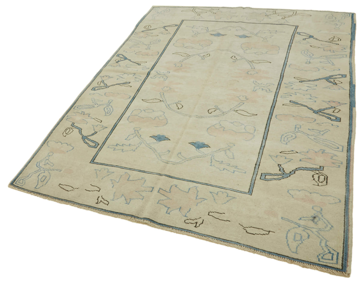 Kavale Krem Mavi Çiçek Desenli Modern Pamuk Yün El Dokuma Halı 169x231 cm – doku yakın çekim