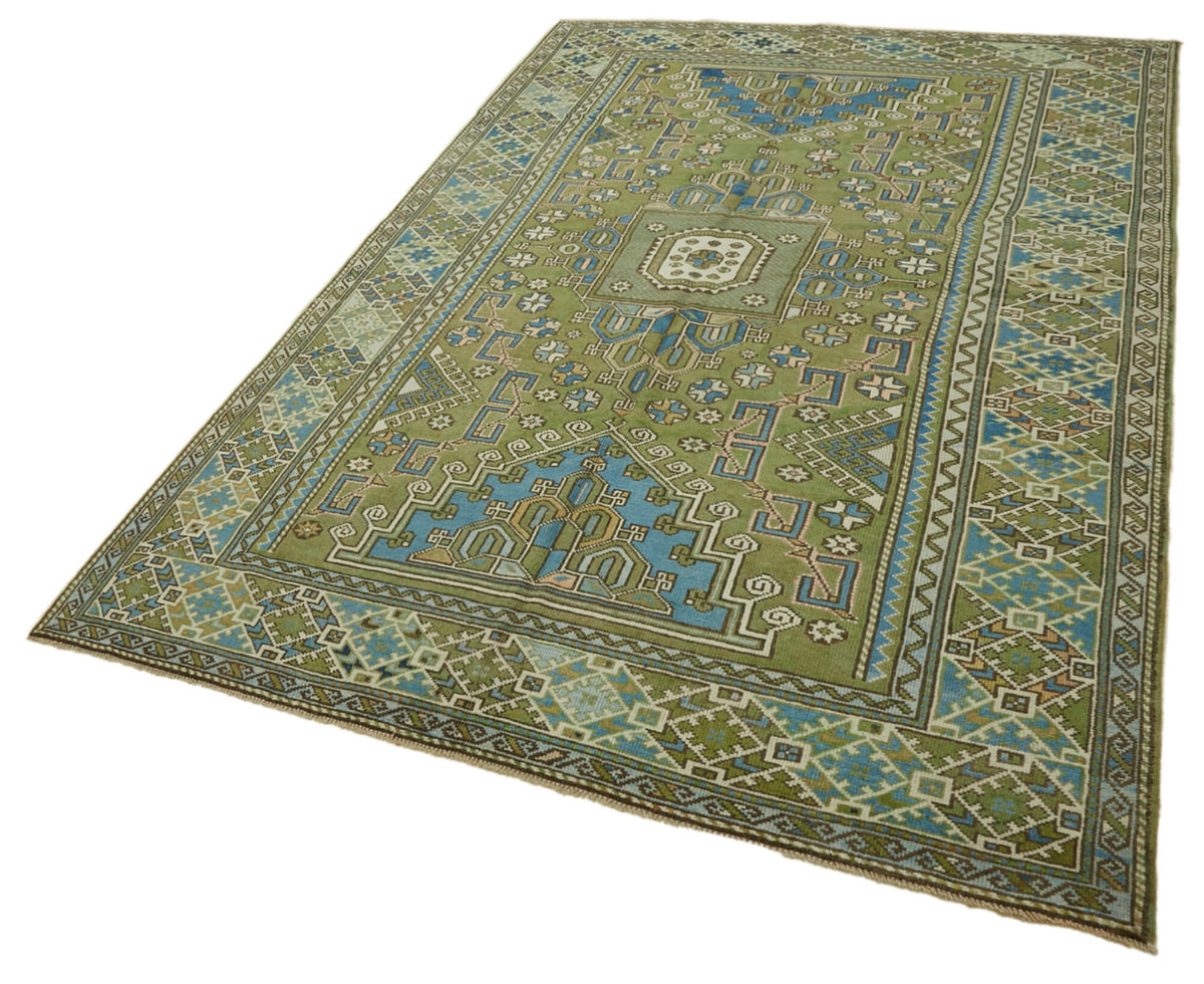 Kavale Madalyon Desenli Yeşil ve Mavi Anadolu Halısı 196x310 cm – doku yakın çekim