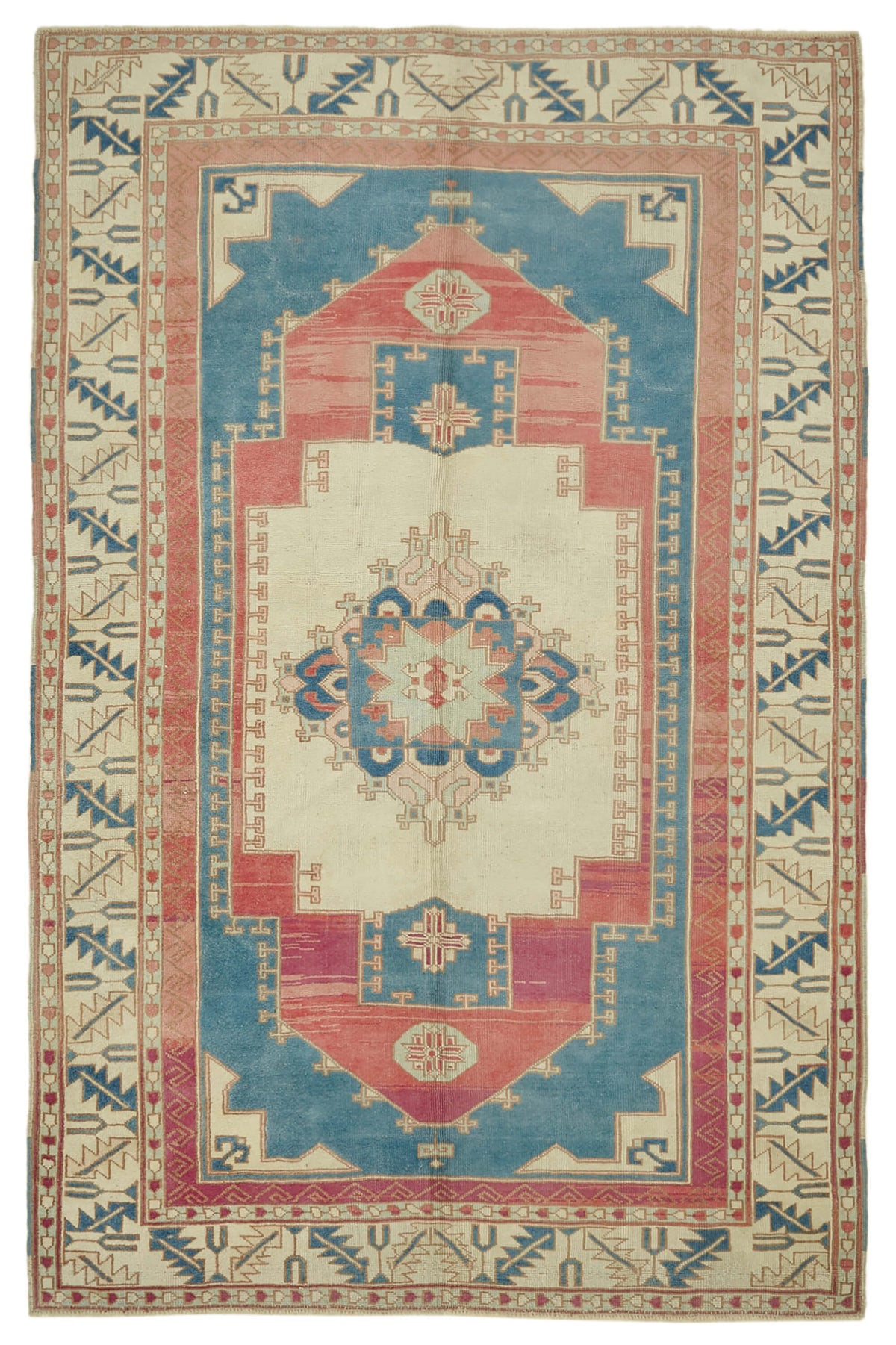 Kavale Krem Mavi Madalyon Göbek Desenli El Dokuma Halı 178x271 cm