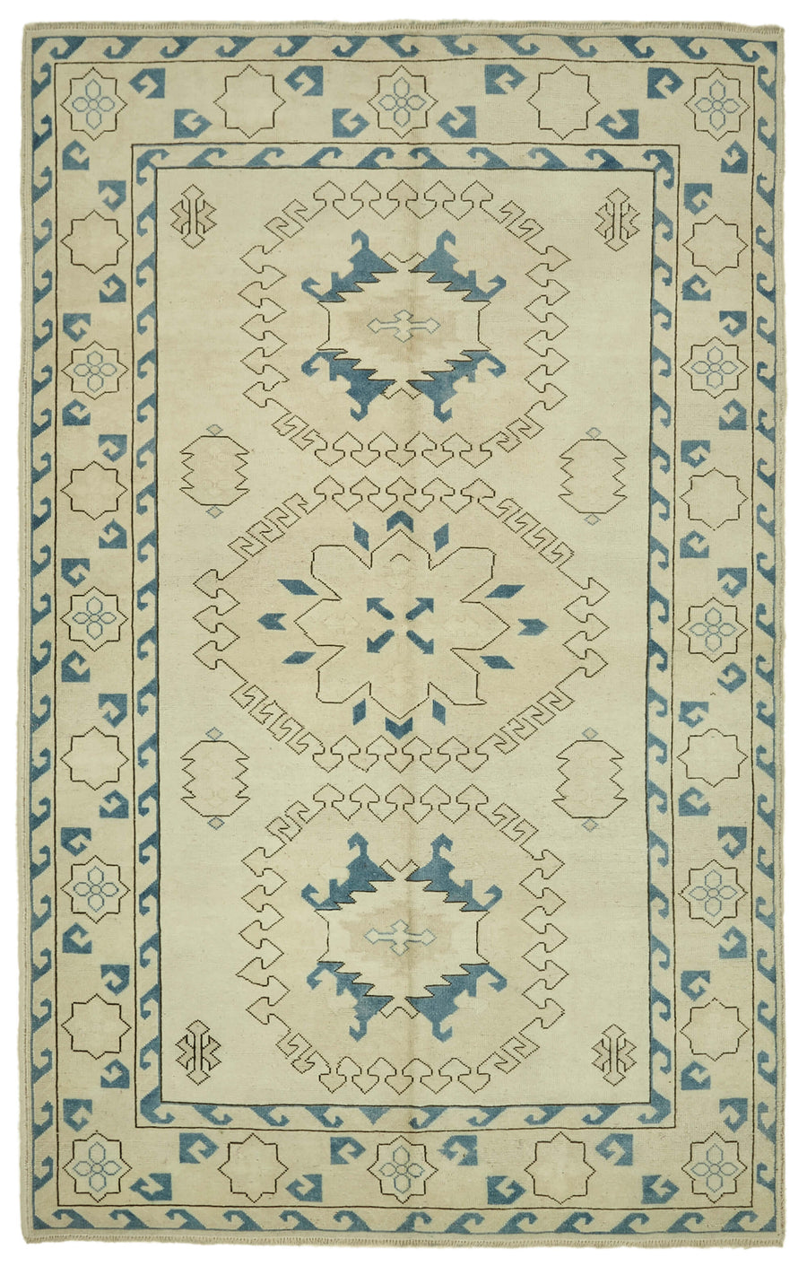 Kavale Krem Mavi Madalyon Desenli Pamuk Yün El Dokuma Halı 203x312 cm