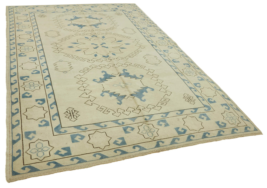 Kavale Krem Mavi Madalyon Desenli Pamuk Yün El Dokuma Halı 203x312 cm – genel görünüm