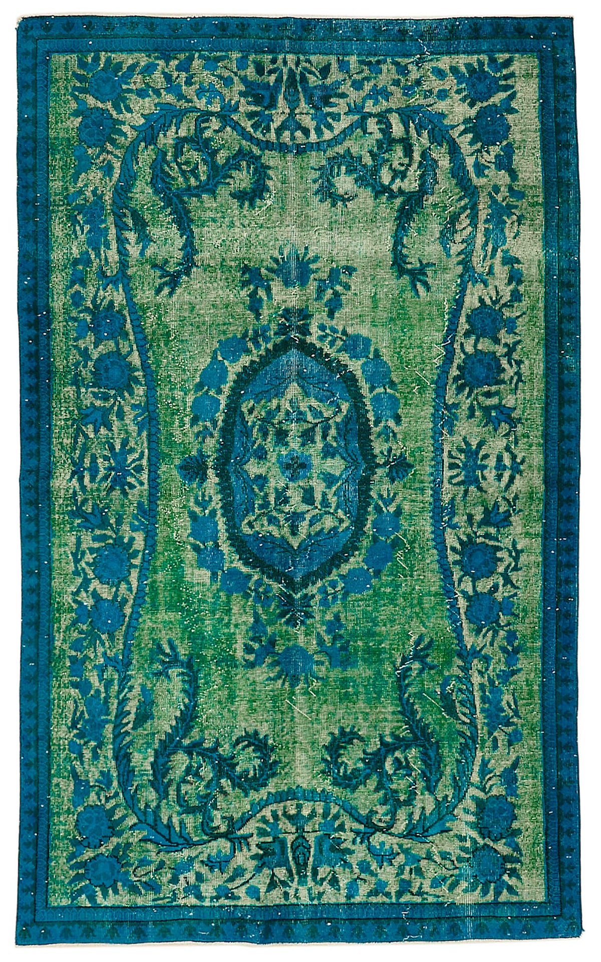 Besko Düz Yeşil Halı Oyma Desenli Vintage El Dokuma 163x271 cm
