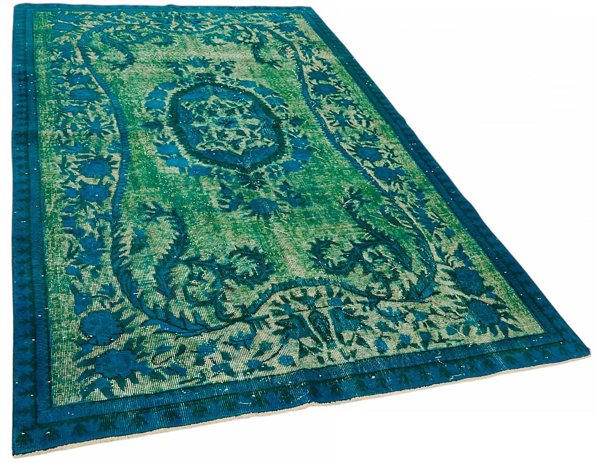 Besko Düz Yeşil Halı Oyma Desenli Vintage El Dokuma 163x271 cm – genel görünüm
