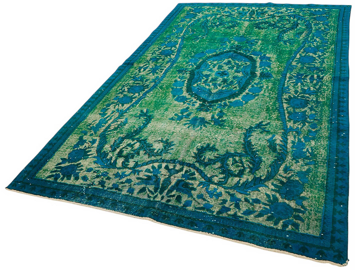Besko Düz Yeşil Halı Oyma Desenli Vintage El Dokuma 163x271 cm – doku yakın çekim
