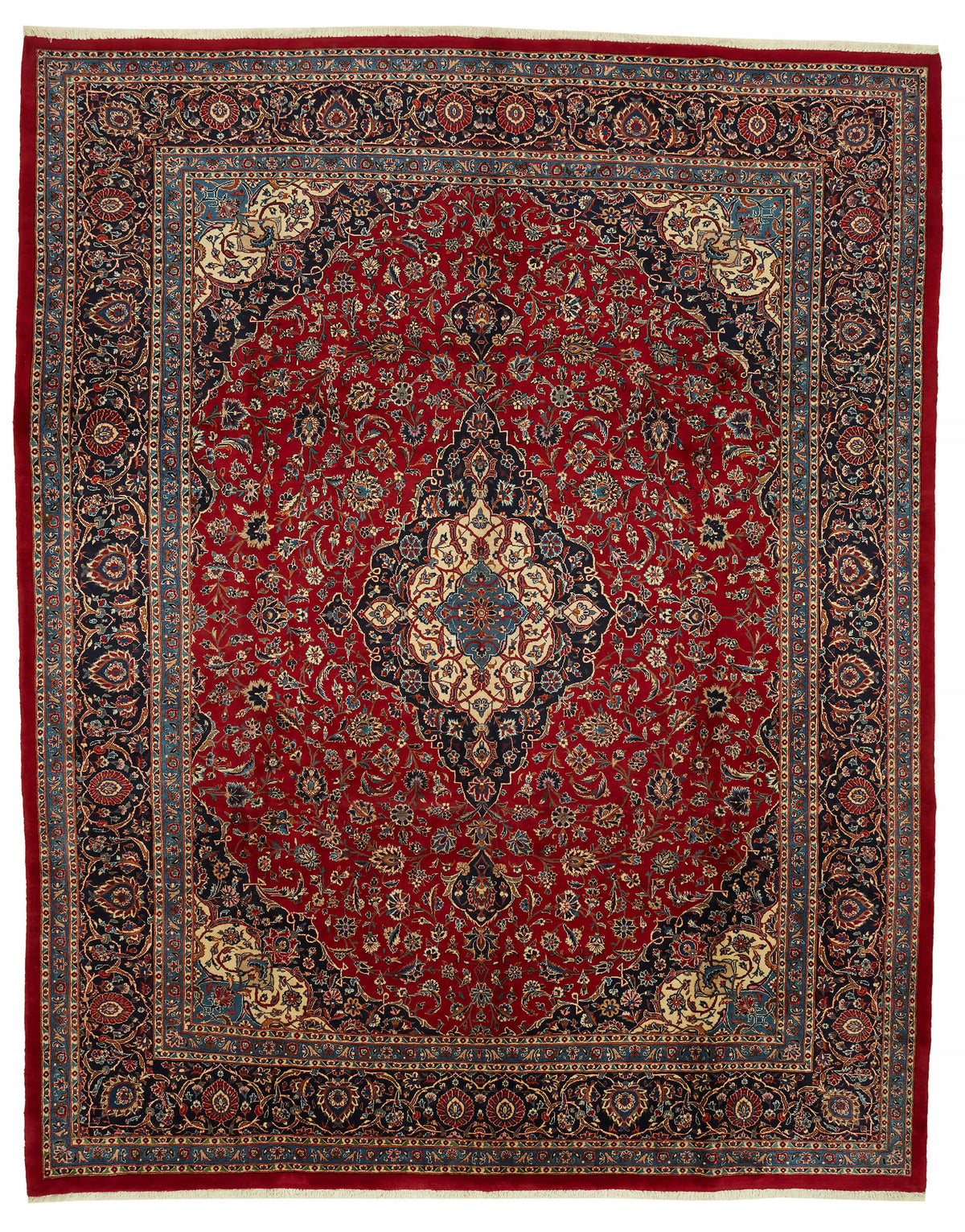 Rusvo Kırmızı Lacivert Madalyon Desenli Klasik El Dokuma Halı 305x389 cm