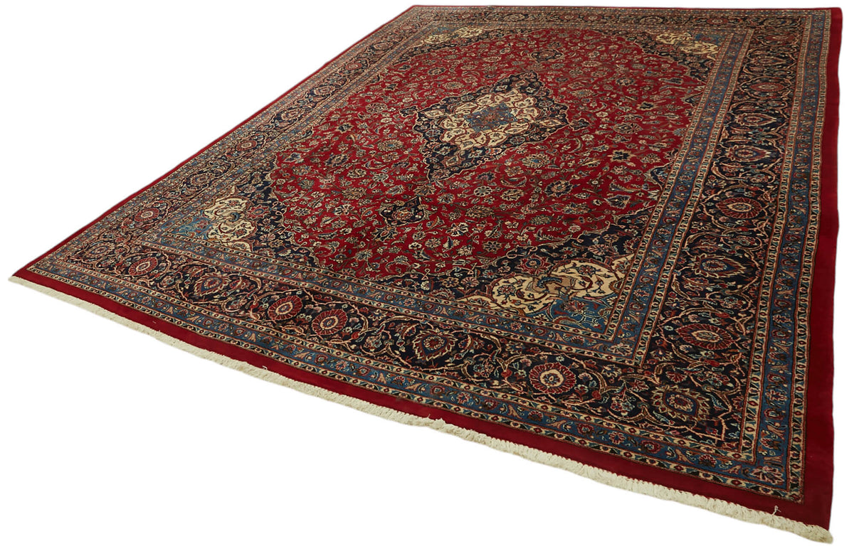 Rusvo Kırmızı Lacivert Madalyon Desenli Klasik El Dokuma Halı 305x389 cm – doku yakın çekim