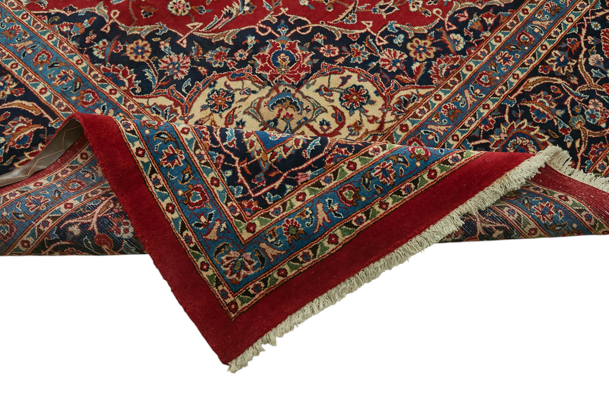 Rusvo Kırmızı Lacivert Madalyon Desenli Klasik El Dokuma Halı 305x389 cm – kenar detayı