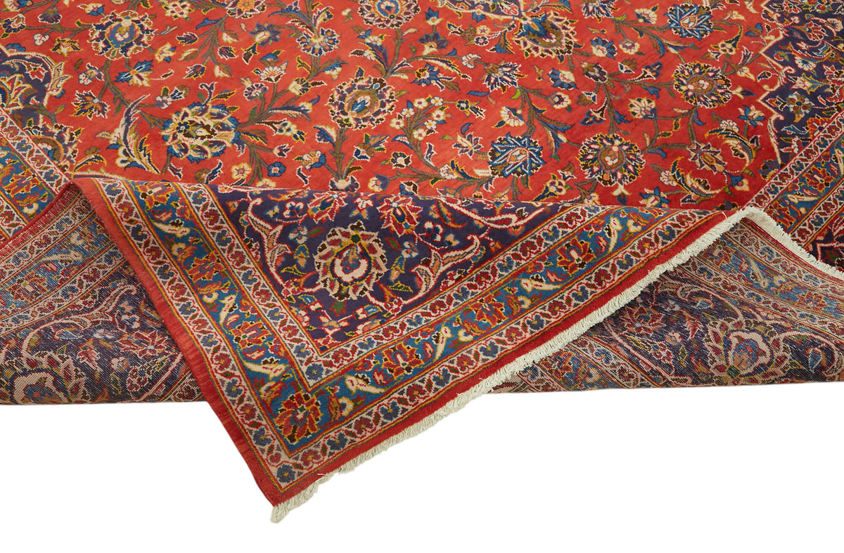 Rusvo Kırmızı Dokuma Halı Madalyon Desenli Yün Vintage 305x428 cm – kenar detayı