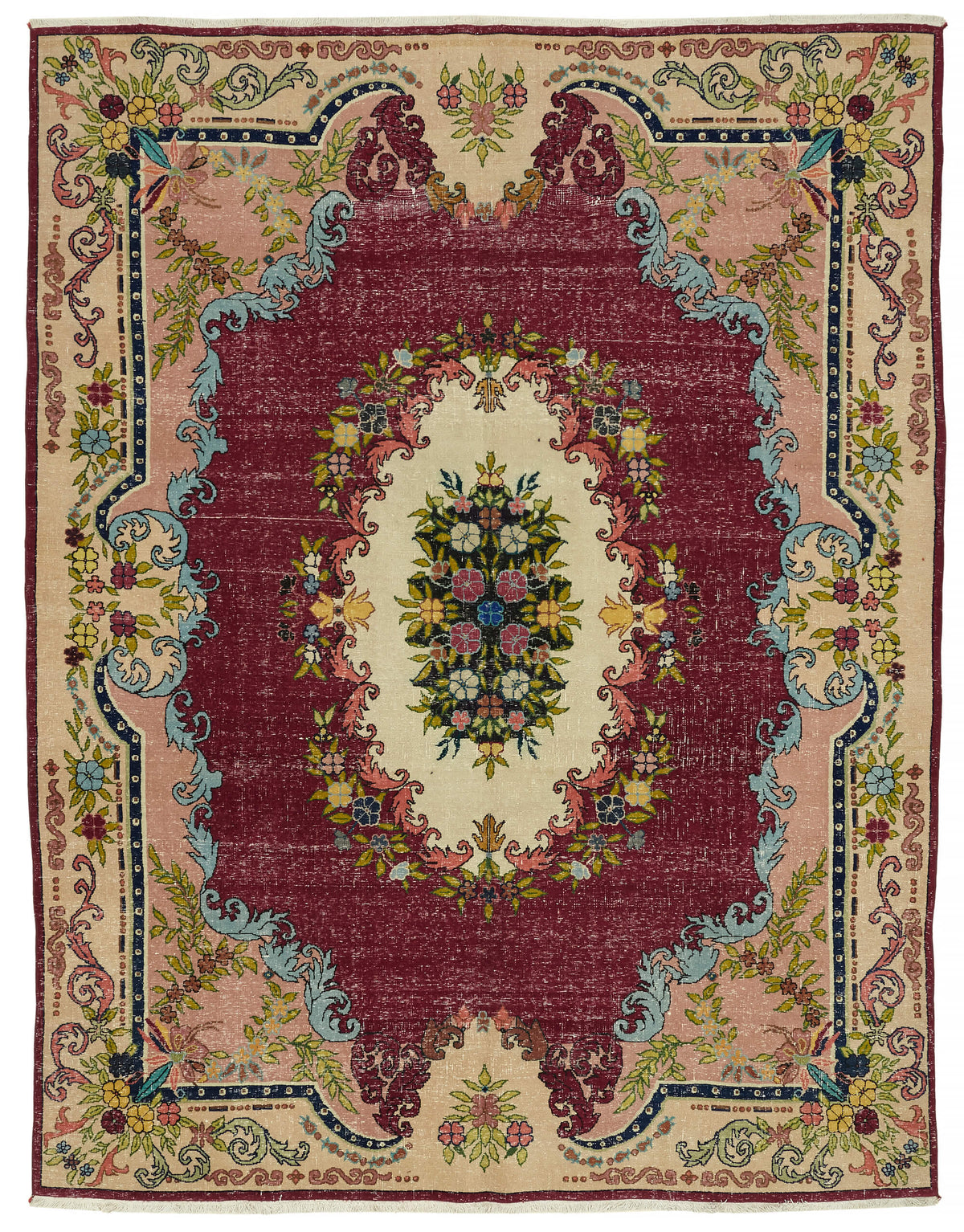 Rusvo Bordo Vintage Çiçek Desenli Düz Dokuma Yün Halı 255x333 cm