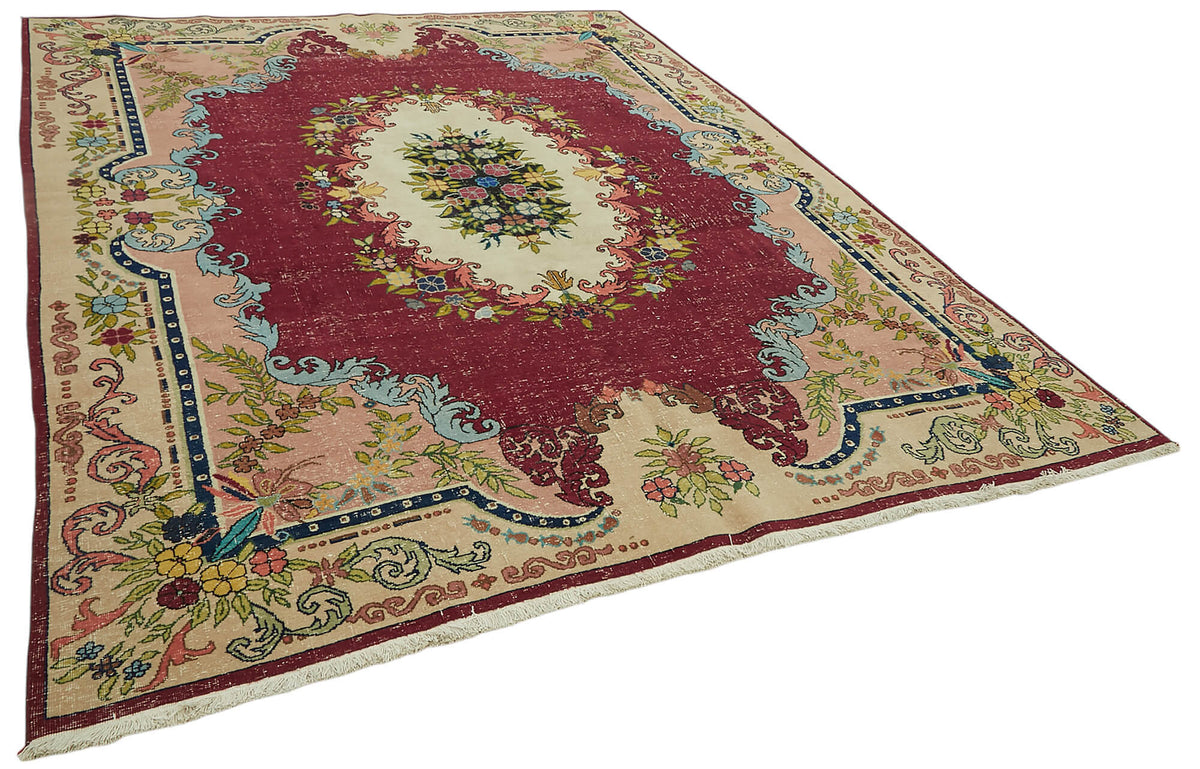 Rusvo Bordo Vintage Çiçek Desenli Düz Dokuma Yün Halı 255x333 cm – genel görünüm