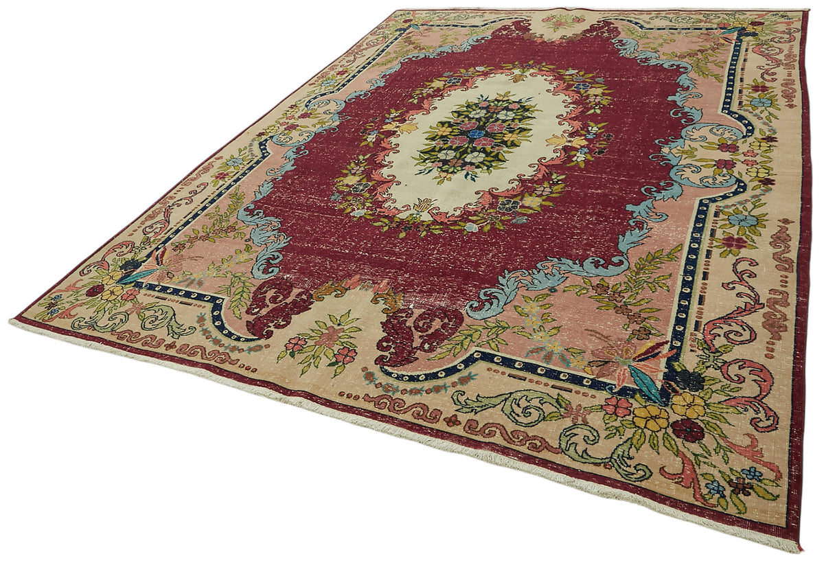 Rusvo Bordo Vintage Çiçek Desenli Düz Dokuma Yün Halı 255x333 cm – doku yakın çekim