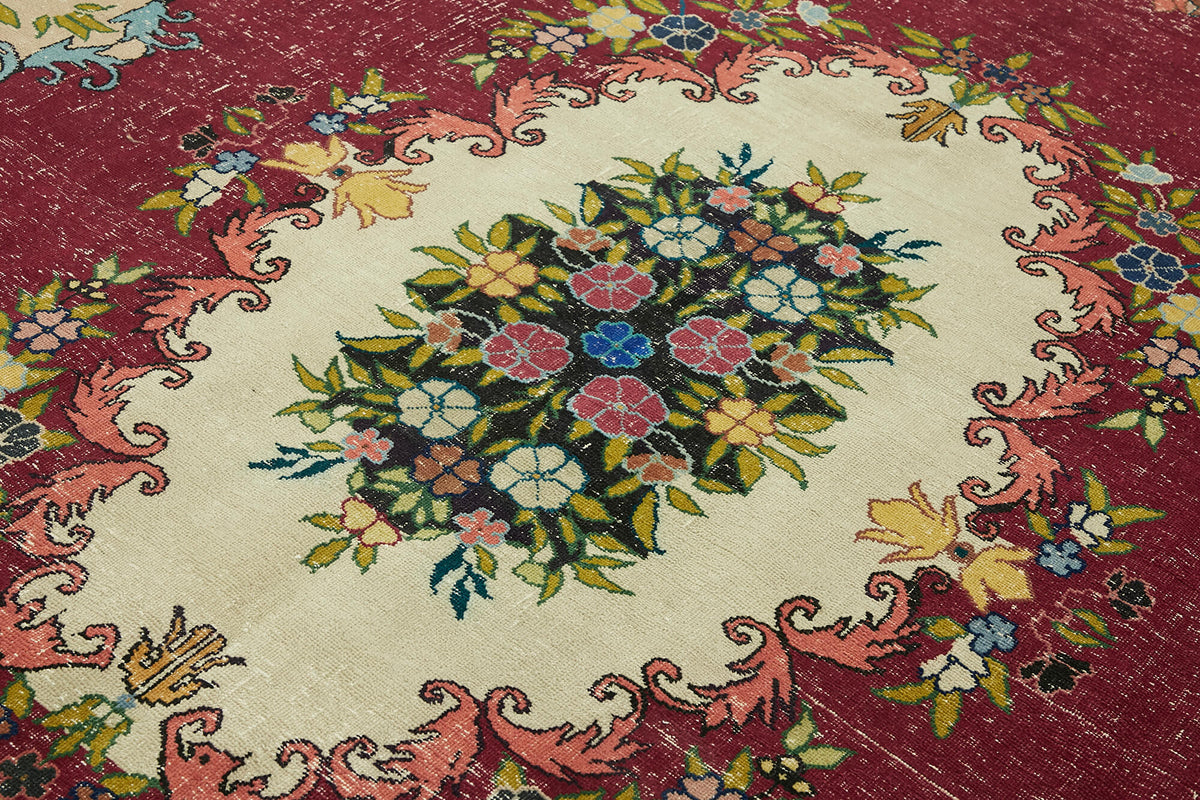 Rusvo Bordo Vintage Çiçek Desenli Düz Dokuma Yün Halı 255x333 cm – mekânda kullanım