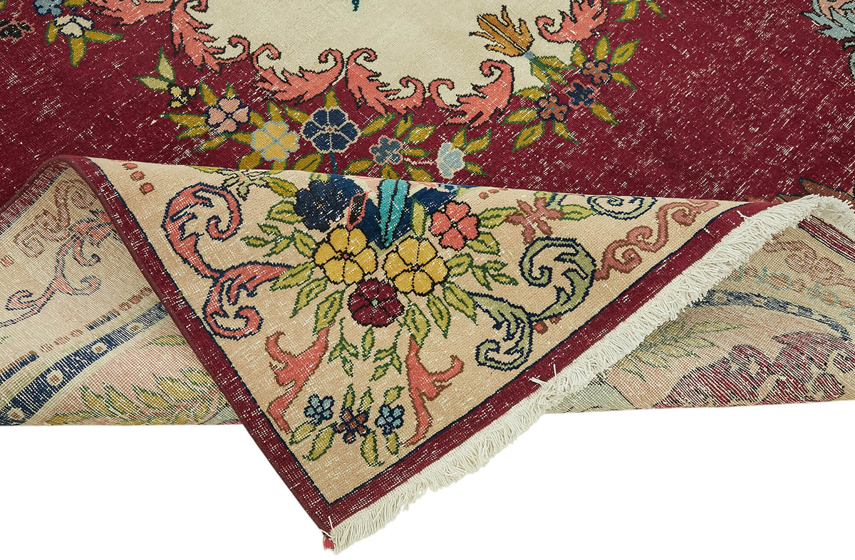 Rusvo Bordo Vintage Çiçek Desenli Düz Dokuma Yün Halı 255x333 cm – kenar detayı