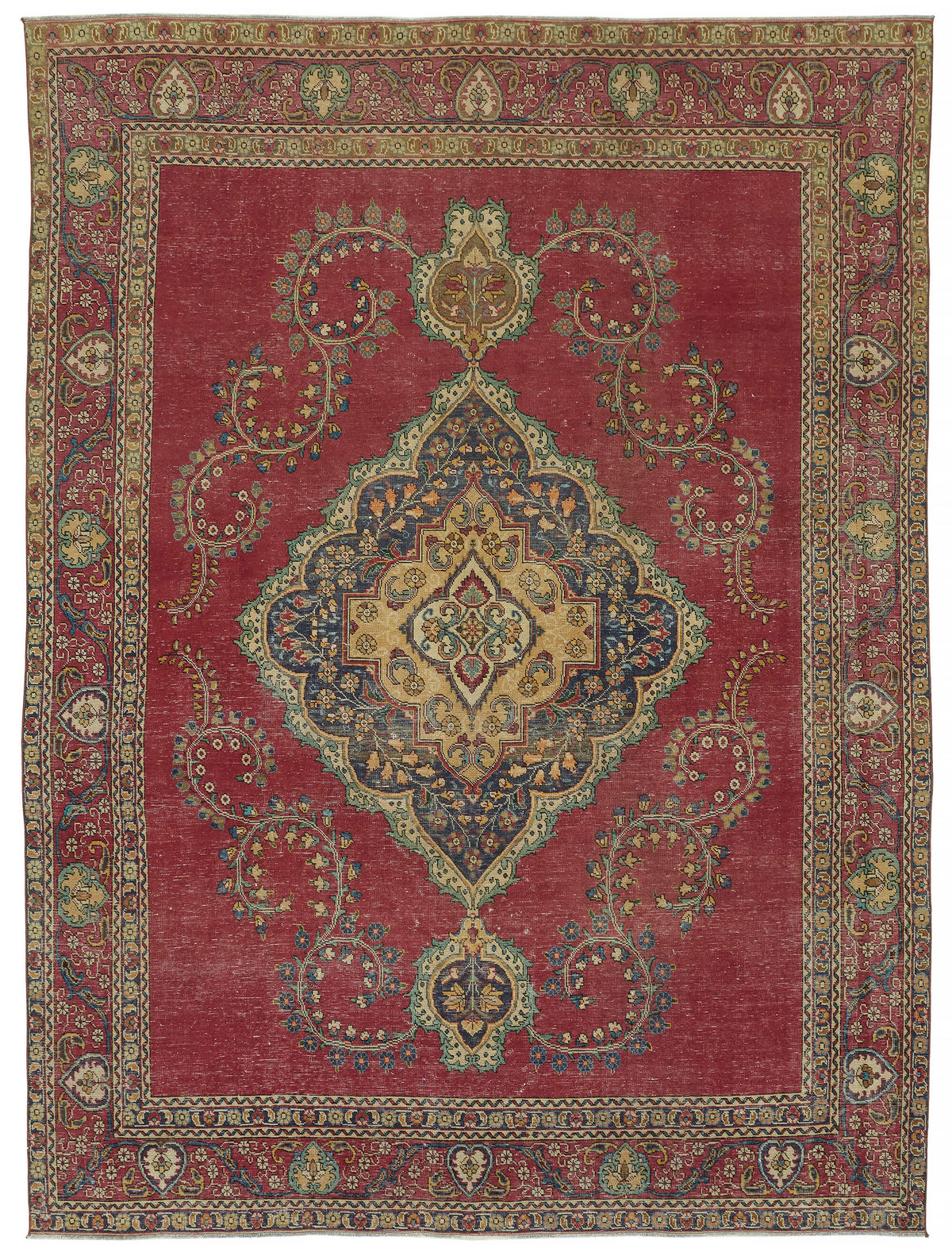 Rusvo Kırmızı Lacivert Madalyon Göbek Desenli Vintage El Dokuma Halı 287x382 cm