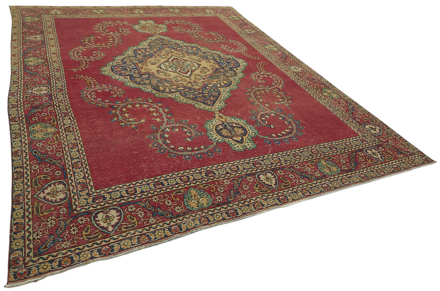 Rusvo Kırmızı Lacivert Madalyon Göbek Desenli Vintage El Dokuma Halı 287x382 cm – genel görünüm