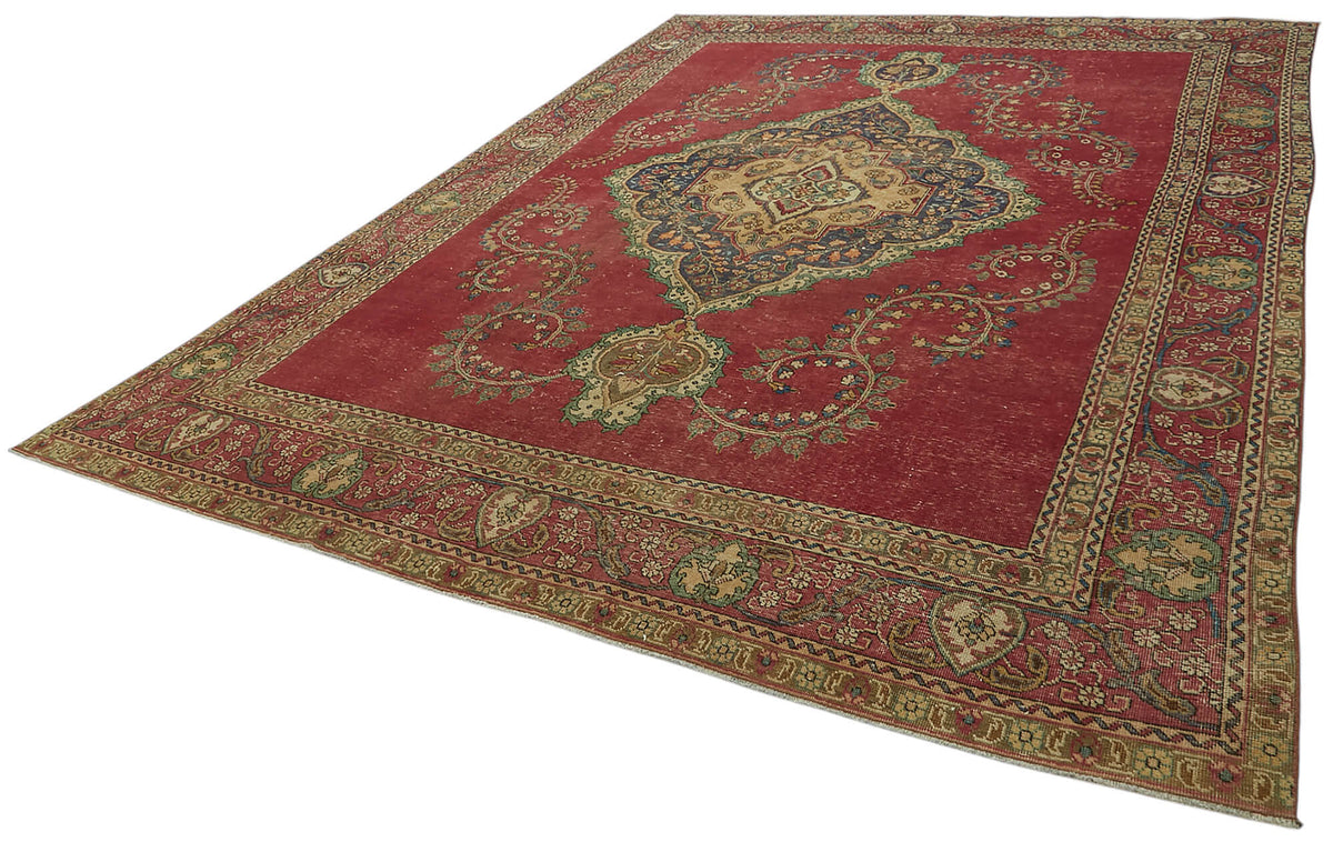 Rusvo Kırmızı Lacivert Madalyon Göbek Desenli Vintage El Dokuma Halı 287x382 cm – doku yakın çekim