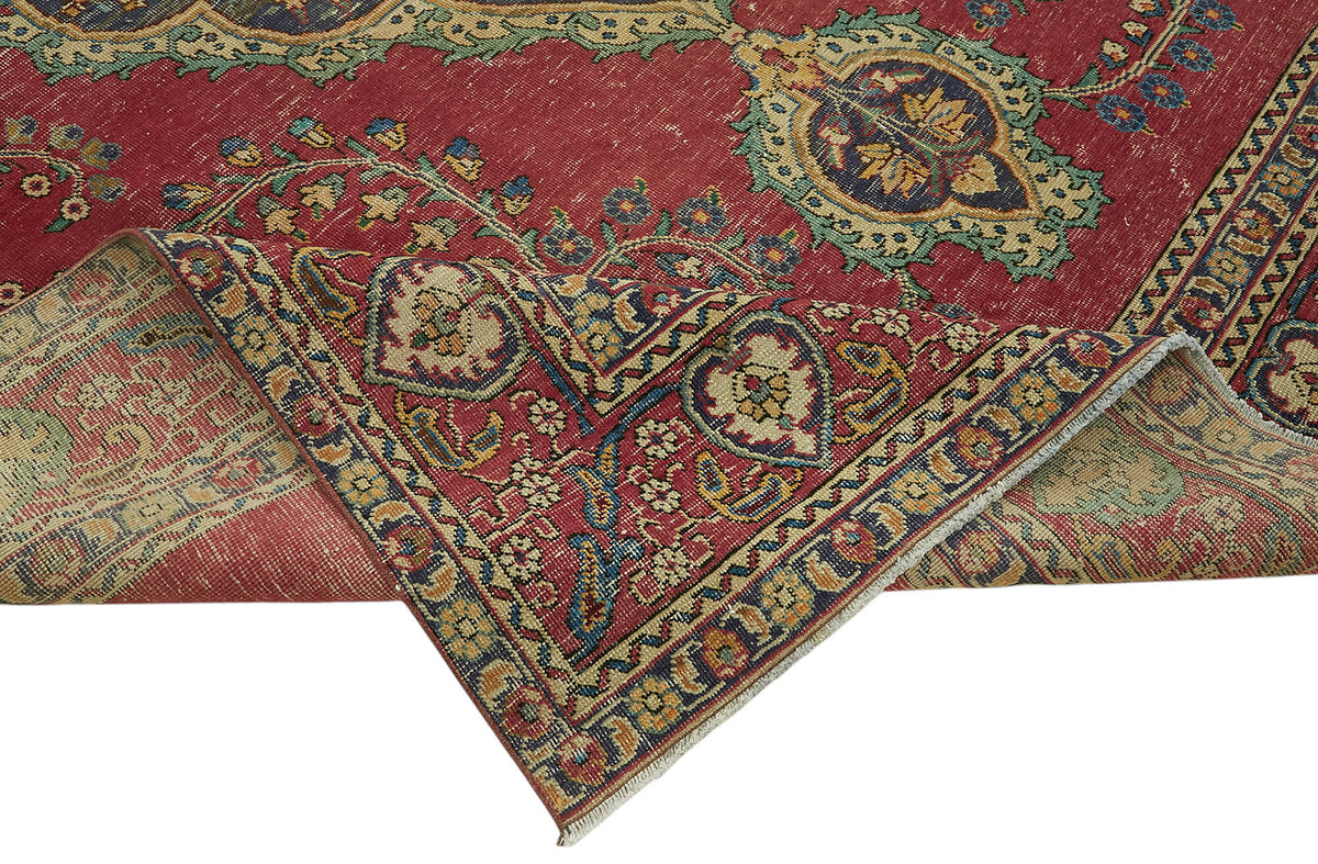 Rusvo Kırmızı Lacivert Madalyon Göbek Desenli Vintage El Dokuma Halı 287x382 cm – kenar detayı