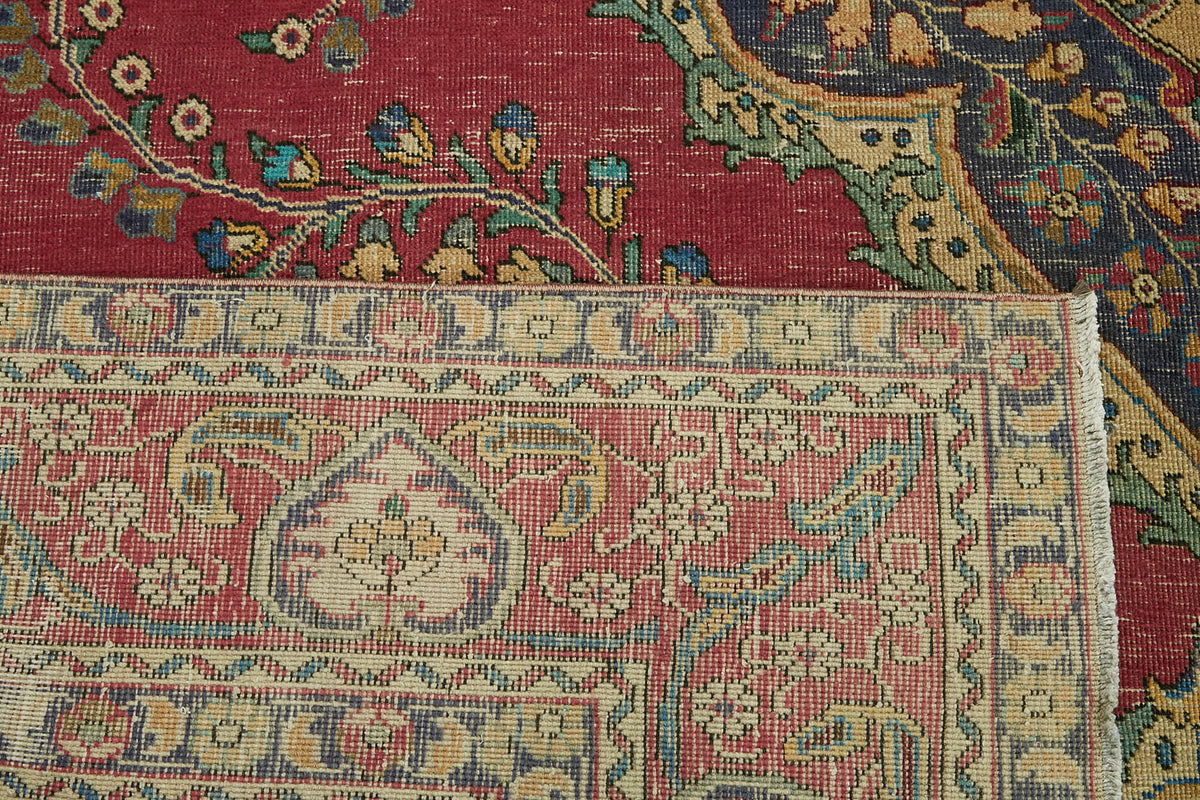 Rusvo Kırmızı Lacivert Madalyon Göbek Desenli Vintage El Dokuma Halı 287x382 cm – arka yüz görünümü