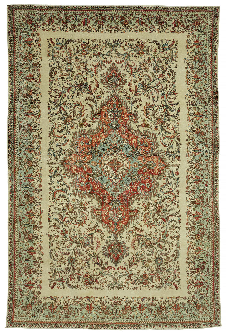 Rusvo Madalyon Desenli Bej Kırmızı Vintage El Dokuma Halı 306x482 cm